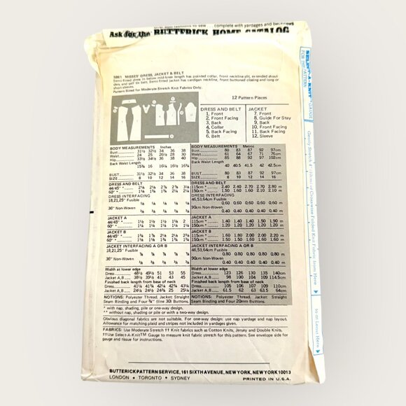 Vintage Butterick Sewing Pattern 5861 Misses Dress Jacket Belt Size 14 - Picture 2 of 2